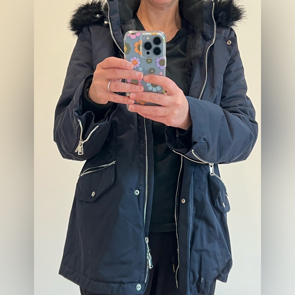 Navy coat jacket with faux fur lined hood